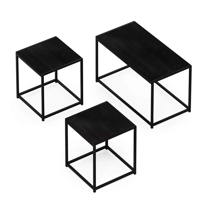 Furinno CAMNUS Coffee Table, Metal Frame Modern Coffee Table and Side Tables Set, Toolless Side Table Sets, for Living Room, Bedroom, Home Office, Americano