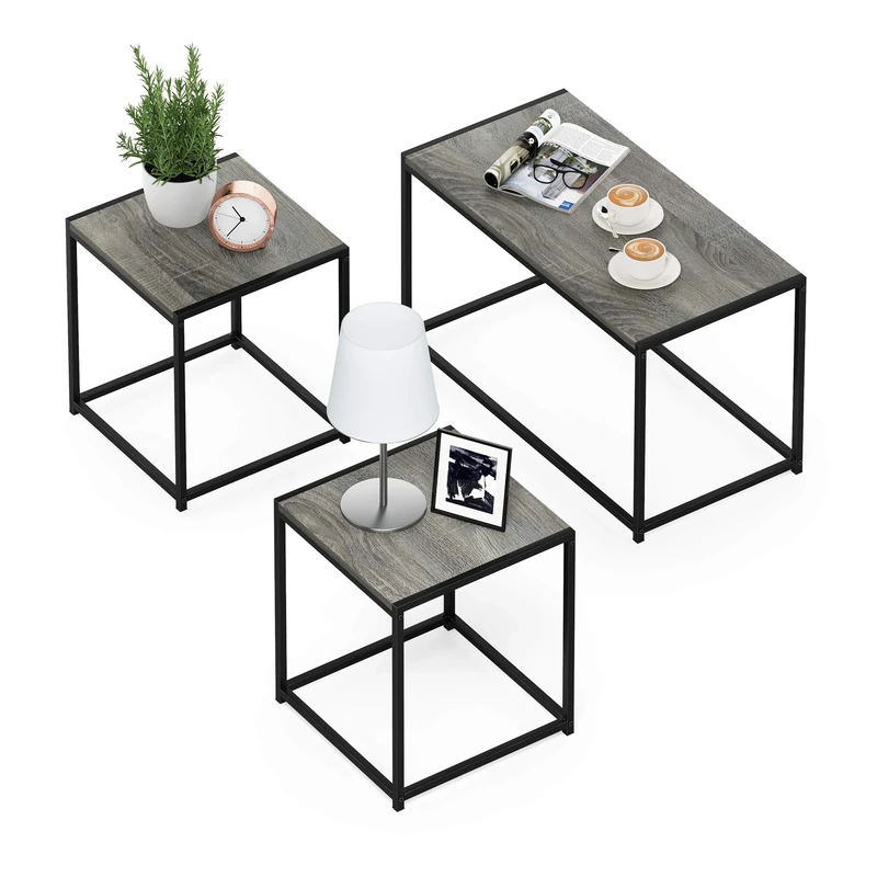 Furinno Camnus Modern Living Room Table Set with One Coffee Table and Two Side Tables, French Oak Grey