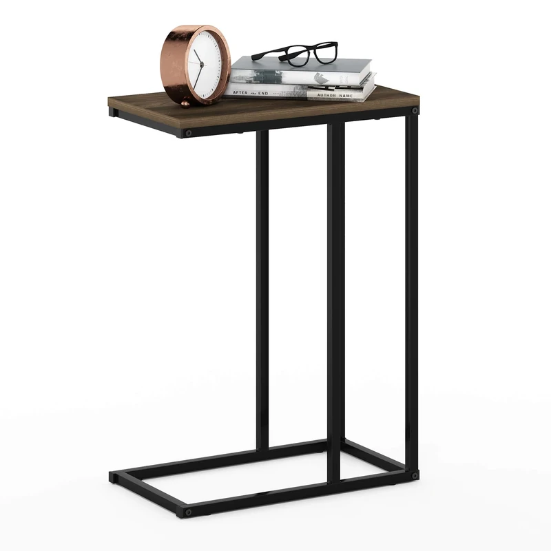 Furinno CAMNUS Side Table, C-shape Sofa End Table for Couch, Metal Frame Night Stand, Bedside Table, for Living Room, Bedroom, Columbia Walnut
