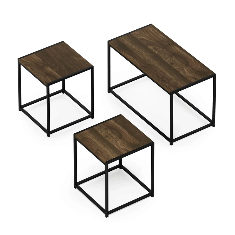 Furinno CAMNUS Coffee Table, Metal Frame Modern Coffee Table and Side Tables Set, Toolless Side Table Sets, for Living Room, Bedroom, Home Office, Columbia Walnut