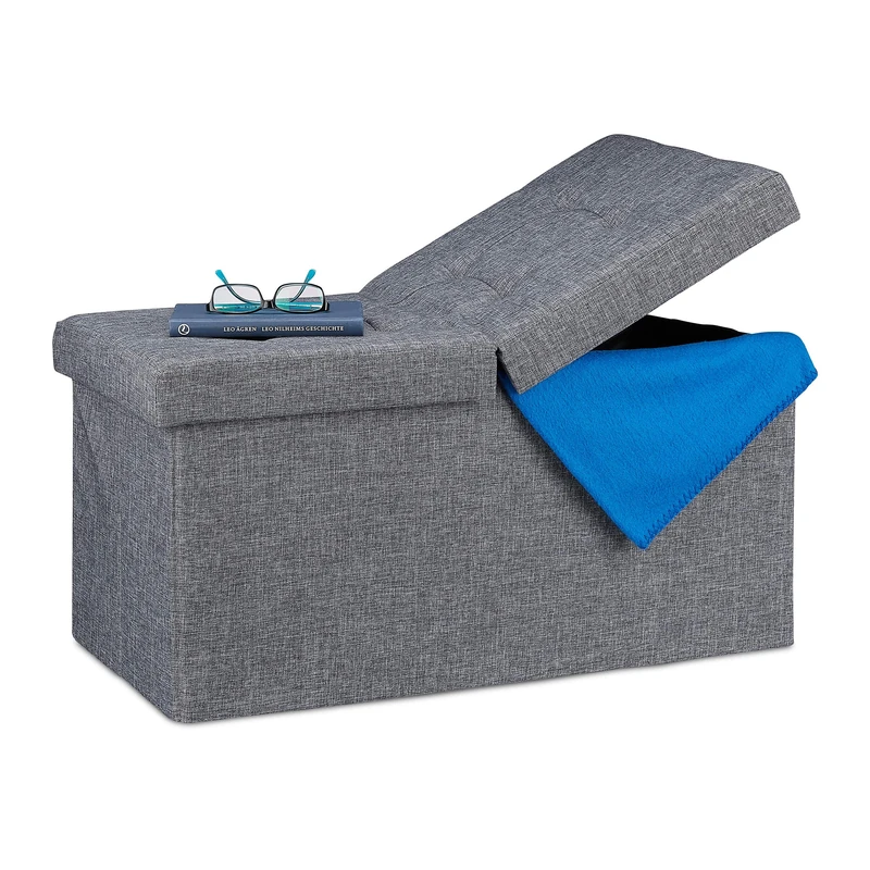 Relaxdays Folding Storage Bench, Padded, Hinged Lid, Hallway Chest, Bedroom Stand, Dark Grey