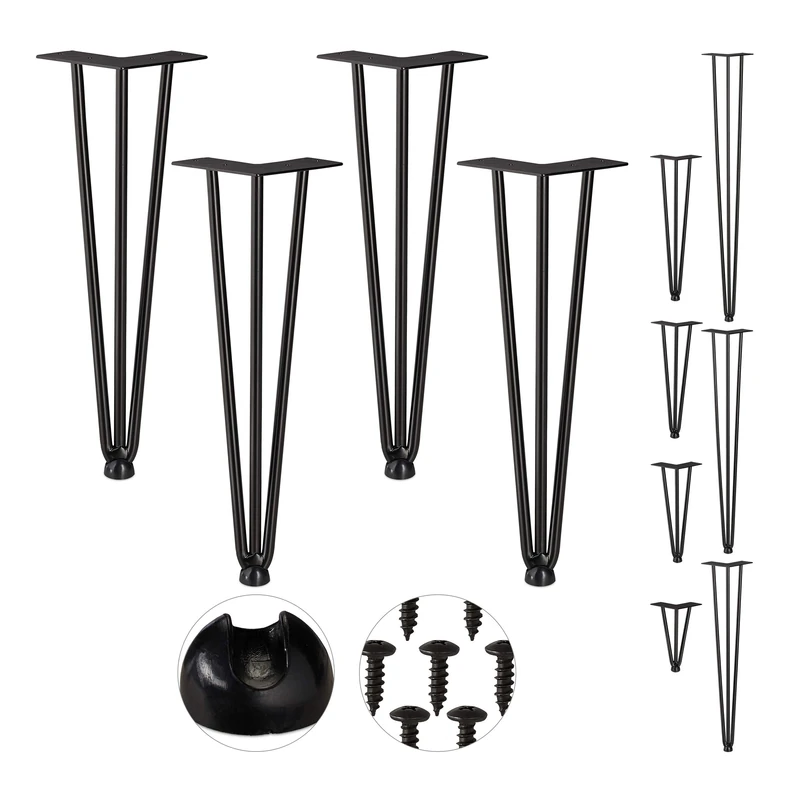 Relaxdays Hairpin Legs, Set of 4, 3 Bars, Metal, Table Support for Shelf and Stool, 40 cm, Black