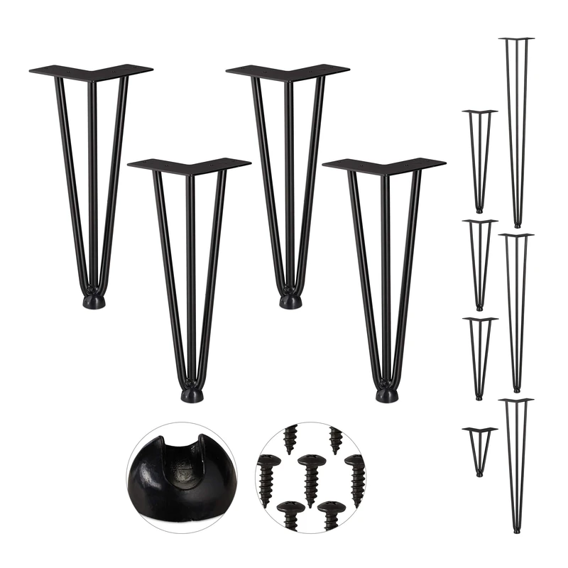 Relaxdays Hairpin Legs, Set of 4, 3 Bars, Metal, Table Support for Shelf and Stool, 30 cm, Black, steel, rubber