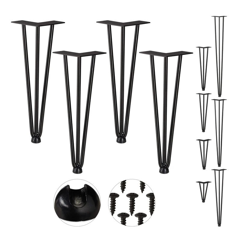 Relaxdays Hairpin Legs, Set of 4, 3 Bars, Metal, Table Support for Shelf and Stool, 36 cm, Black