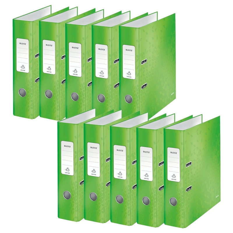 Leitz Wow Series 10050054 Quality Folders 180° Pack of 10 A4 8 cm Spine Width Laminated Grey Board Green