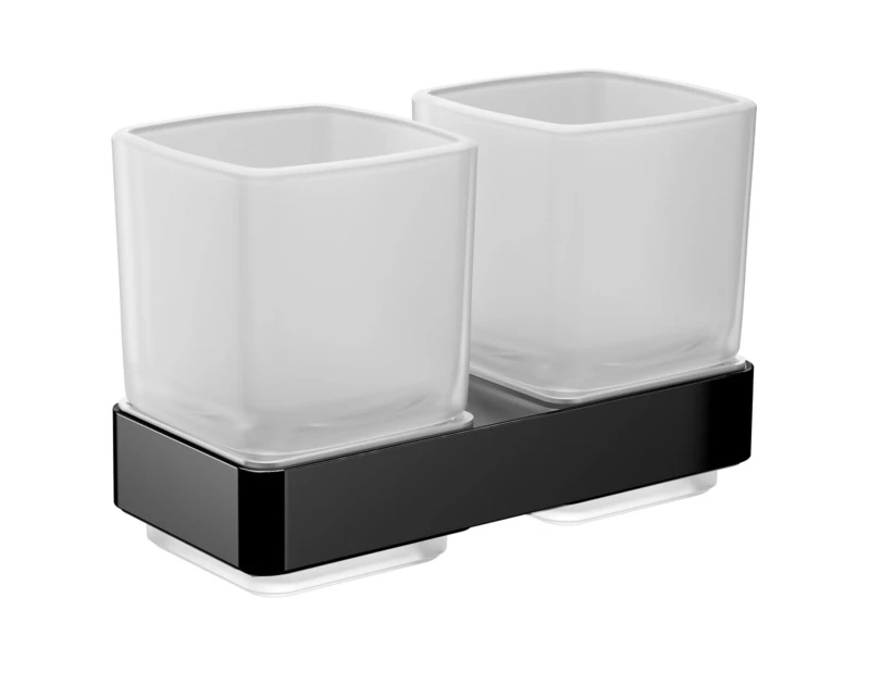 Emco Loft Double Glass Holder with 2 Glasses, Wall Mounted, Elegant Toothbrush Holder Made of Aluminium and Crystal Glass, Toothbrush Tumbler, Matte Black and Satin Finish, 18 cm
