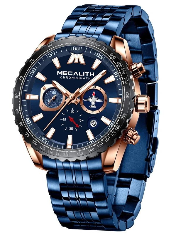 MEGALITH Mens Watches Designer Blue Large Face Analogue Watch for Men Waterproof Stainless Steel Wrist Watch Luminous Date Gents Watches