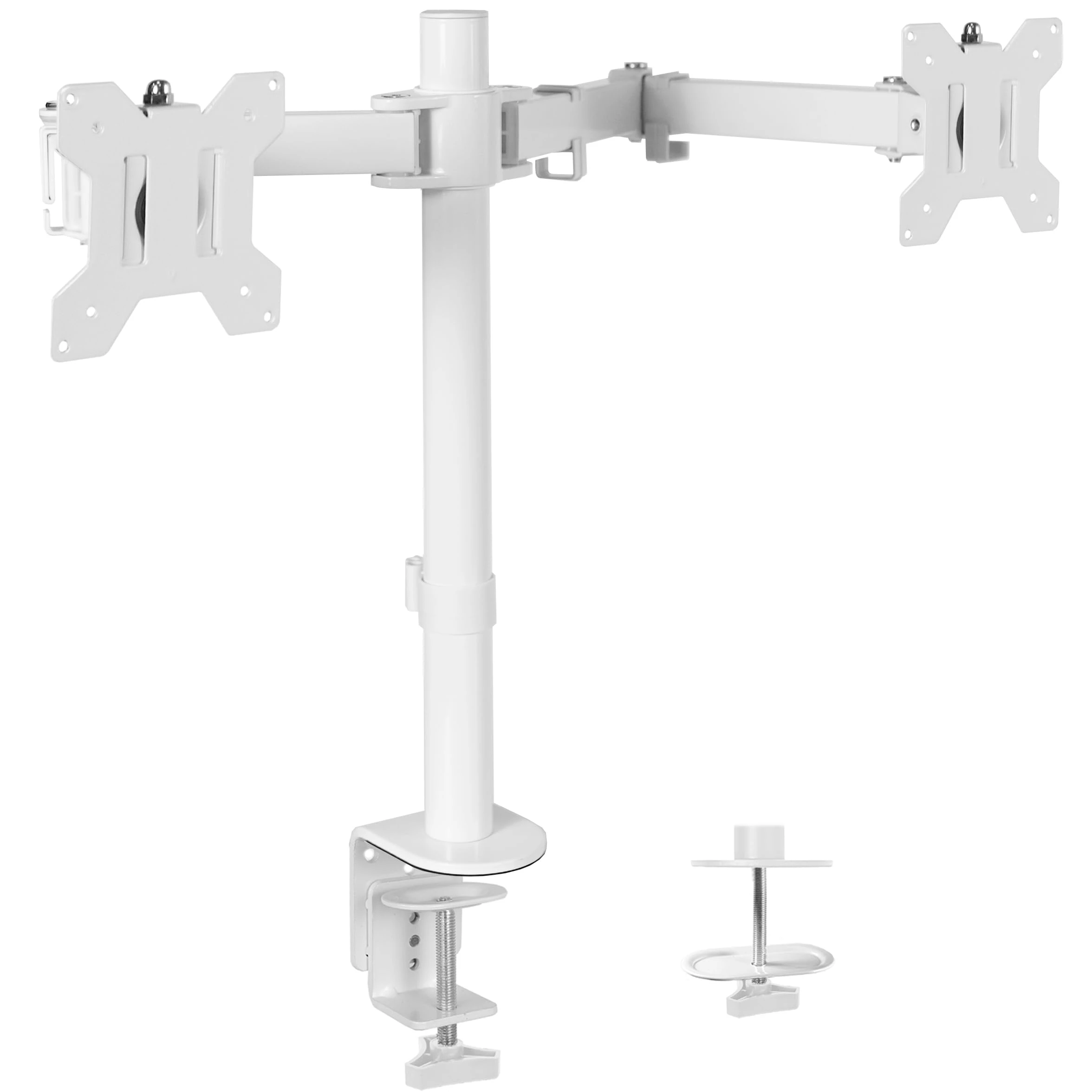 VIVO White Dual 13 to 27 inch LCD LED Monitor Desk Mount Stand with C-clamp and Bolt-Through Grommet, Heavy Duty Fully Adjustable Arms for 2 Screens STAND-V002W