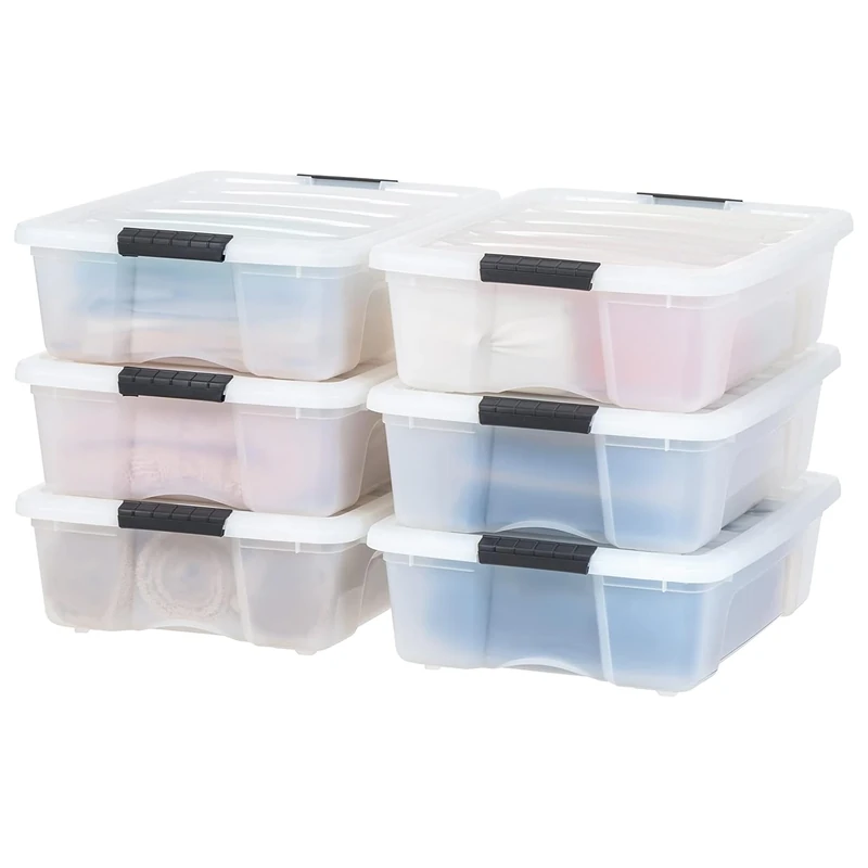 IRIS USA 26.95 Qt. Plastic Storage Tote, 6 Pack, Pearl, Bin Organizing Container with Durable Lid and Secure Latching Buckles, Pearl & Black