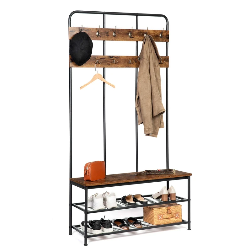 HOOBRO Coat Stand, 182 cm Coat Rack with Shoe Bench, Hall Tree with 12 Hooks, Shoe and Coat Rack for Living Room Entryway Hallway, Industrial Style, Rustic Brown EBF05MT01