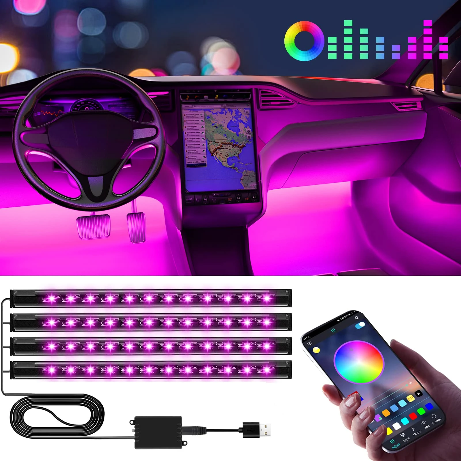 Gifts for Men Husband, Winzwon LED Interior Lights for Car Accessories for Men Women, USB Port APP Control Auto Stuff Lighting Kits Decoration Atmosphere Strip Lights
