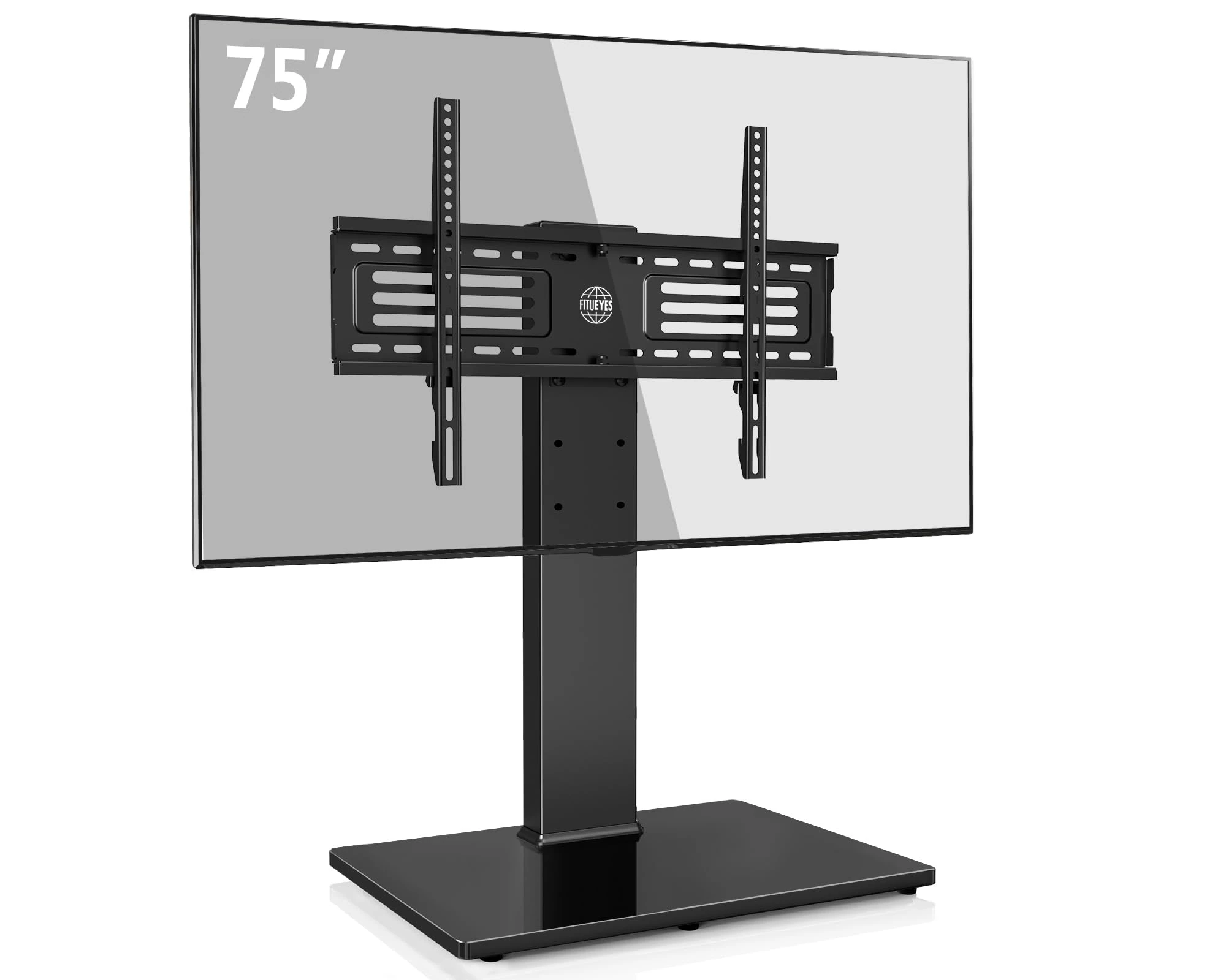FITUEYES Universal TV Stand for 40 to 75 Inch TV up to 40kg, Black TV Table Stand with Swivel & Height Adjustable Bracket,8mm Tempered Glass Base,Max VESA 600x400mm