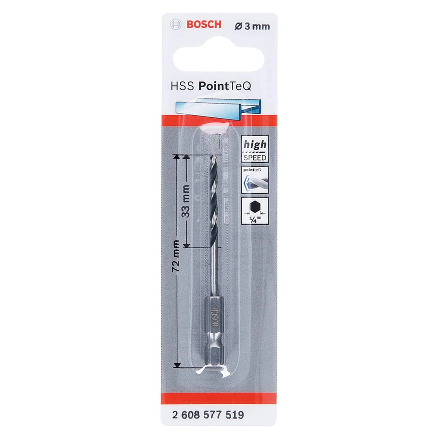 Bosch Professional PointTeQ Hex Drill Bit (for Metal, Ø: 3.0 mm, Total Length: 72 mm, ¼’’ Hex Shank, Accessory for Impact Drivers and Drill Drivers)