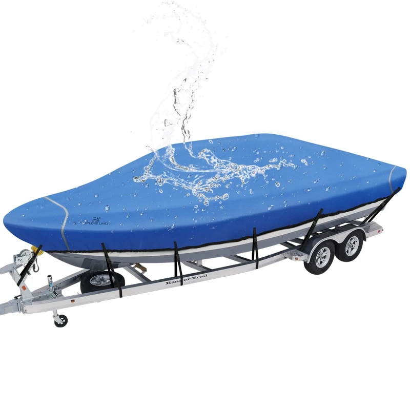 Explore Land Trailerable Waterproof Boat Cover Fits 14'-16'Long Beam Width up to 76" V-Hull Tri-Hull Runabout Fishing Ski Pro-Style Bass Boats, Blue