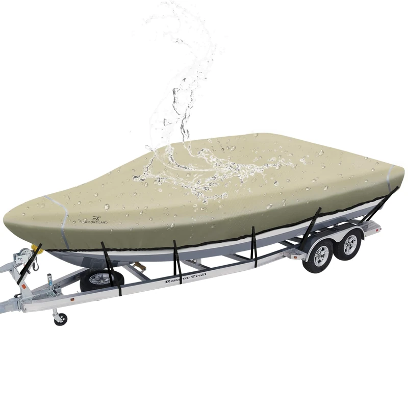 Explore Land Trailerable Waterproof Boat Cover Fits 14'-16'Long Beam Width up to 76" V-Hull Tri-Hull Runabout Fishing Ski Pro-Style Bass Boats, Tan