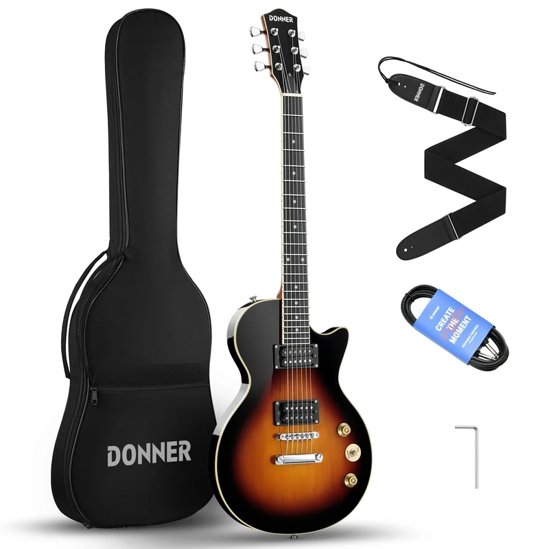 Donner Electric Guitar Kit Full Size LP Guitar Starter Set 39 Inch Solid Body with Bag, Strap, Cable (Sunburst)