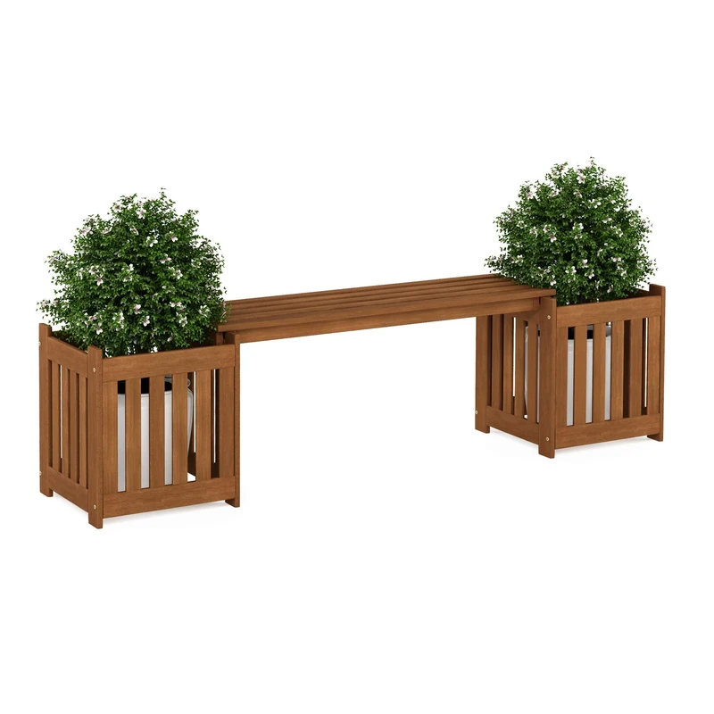 Furinno Outdoor Planter Box with Seater, Wood, Natural, 173.99 (W) x 45.46 (H) x 40.13 (D) cm