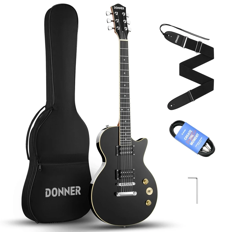 Donner LP Electric Guitar Kit Full Size Guitar Starter Set 39 Inch Solid Body with Bag, Strap, Cable (LP Style, Black)
