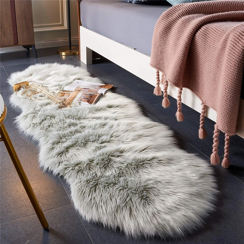 EasyJoy Ultra Soft Fluffy Rugs Faux Fur Rug Chair Cover Seat Pad Fuzzy Area Rug for Bedroom Floor Sofa Living Room (2 x 6 ft Sheepskin, Light Grey)