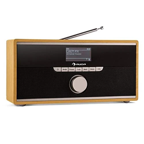 auna Weimar - Internet Radio, Digital Radio, DAB Radio, WLAN, DAB+/FM, DRC, Bluetooth, 3.5 mm AUX input, 2 Alarms, Sleep Function, Full-range Speaker, 10 Station Memory, Beech