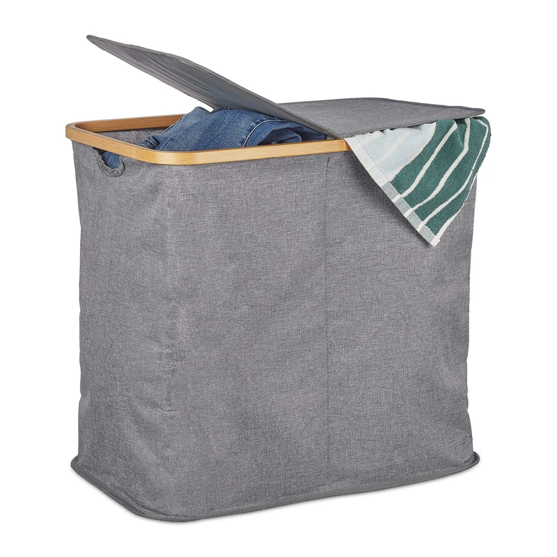 Relaxdays Laundry Hamper with Lid, Folding Clothes Sorter, Bamboo & Fabric, 2 Compartments, 74 Litres, Grey