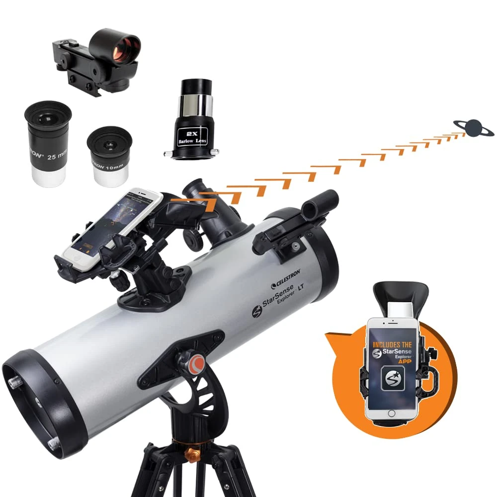 Celestron 22452 StarSense Explore LT114AZ Newtonian Reflector Telescope, Smartphone App-enabled, includes Two Eyepieces, 2xBarlow lens, Phone Dock/Height-adjustable Tripod, iOS/Android Compatible