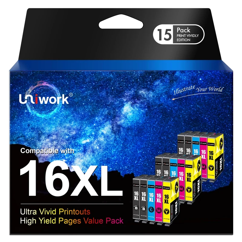Uniwork 16XL Compatible Ink Cartridges Multipack for Epson 16 XL for Workforce WF-2630 WF 2630 2650 WF2630 WF2650 WF2660 WF2750 WF2760 WF2510 WF2520 WF2530 WF2540 (Black Cyan Magenta Yellow,15-Pack)