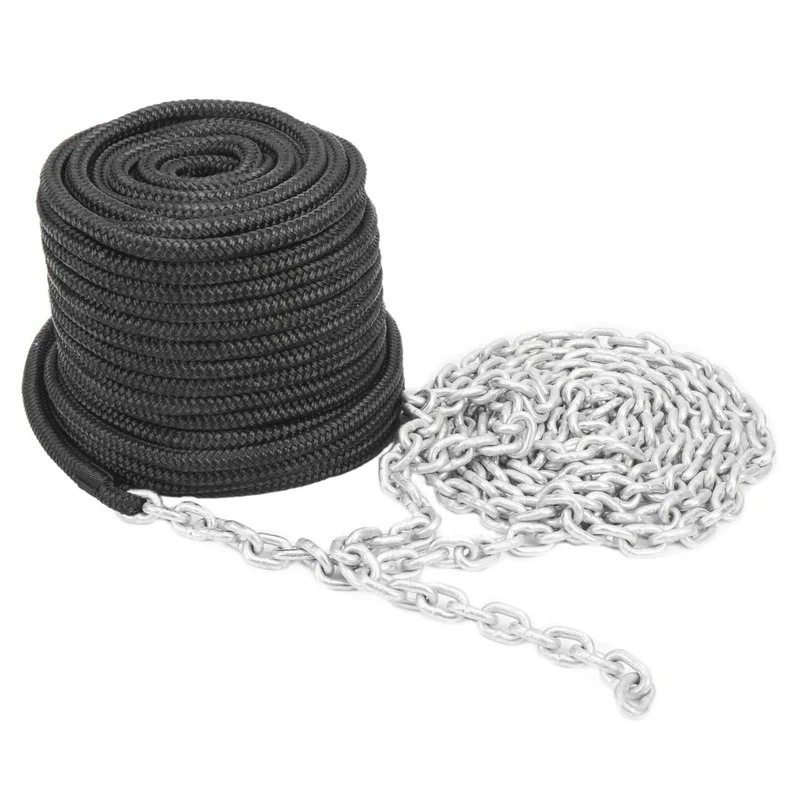 NovelBee 3/8 Inch x 100 Feet Double Braid Nylon Rope with 1/4 Inch x 15 Feet Galvanized Chain for Boat Anchor Rope and Dock Line (Black)