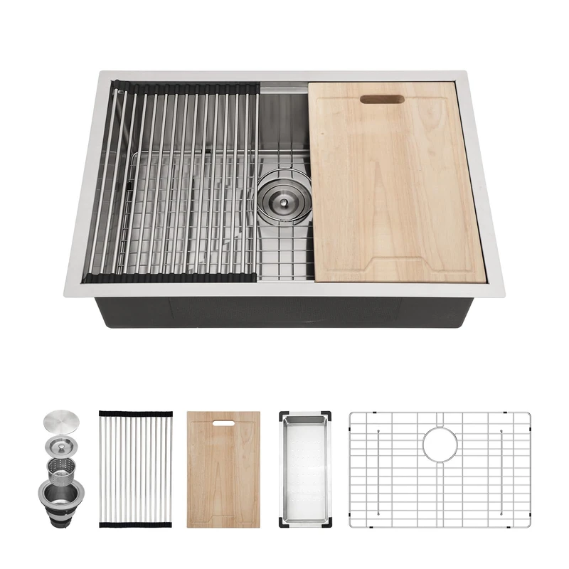 Kichae 28 Kitchen Sink Undermount Stainless Steel - 28x18 Inch Undermount Sink Ledge Workstation Stainless Steel Single Bowl Under Counter Kitchen Sinks Handmade Basin