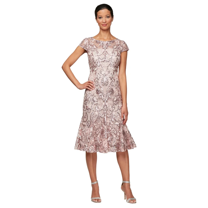 Alex Evenings Women's Tea Length Embroidered Dress with Godets Special Occasion, Blossom, 16