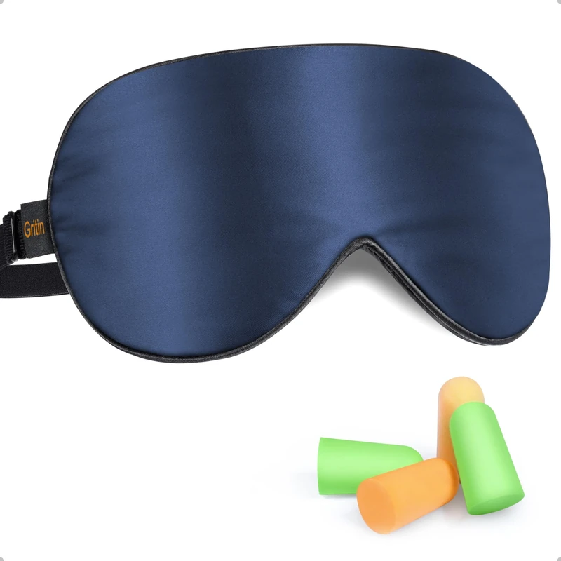 Gritin Silk Sleep Mask, Eye Mask for Sleeping, Light-Blackout Ultra Comfortable,100% Natural Silk Sleeping Eye Blinder with Adjustable Strap and Ear Plug for Men&Women/Travel Essentials-Purplish Blue