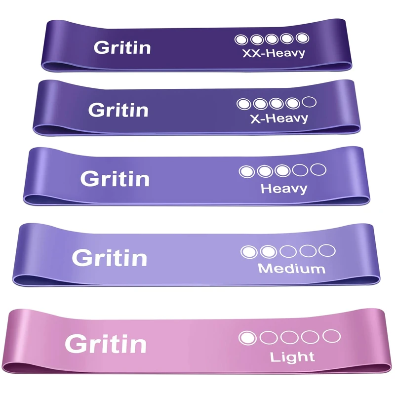 Gritin Resistance Bands, Set of 5 Skin-Friendly Resistance Fitness Exercise Loop Bands with 5 Different Strength Levels - Carrying Case Included - Ideal for Home, Gym, Yoga, Training