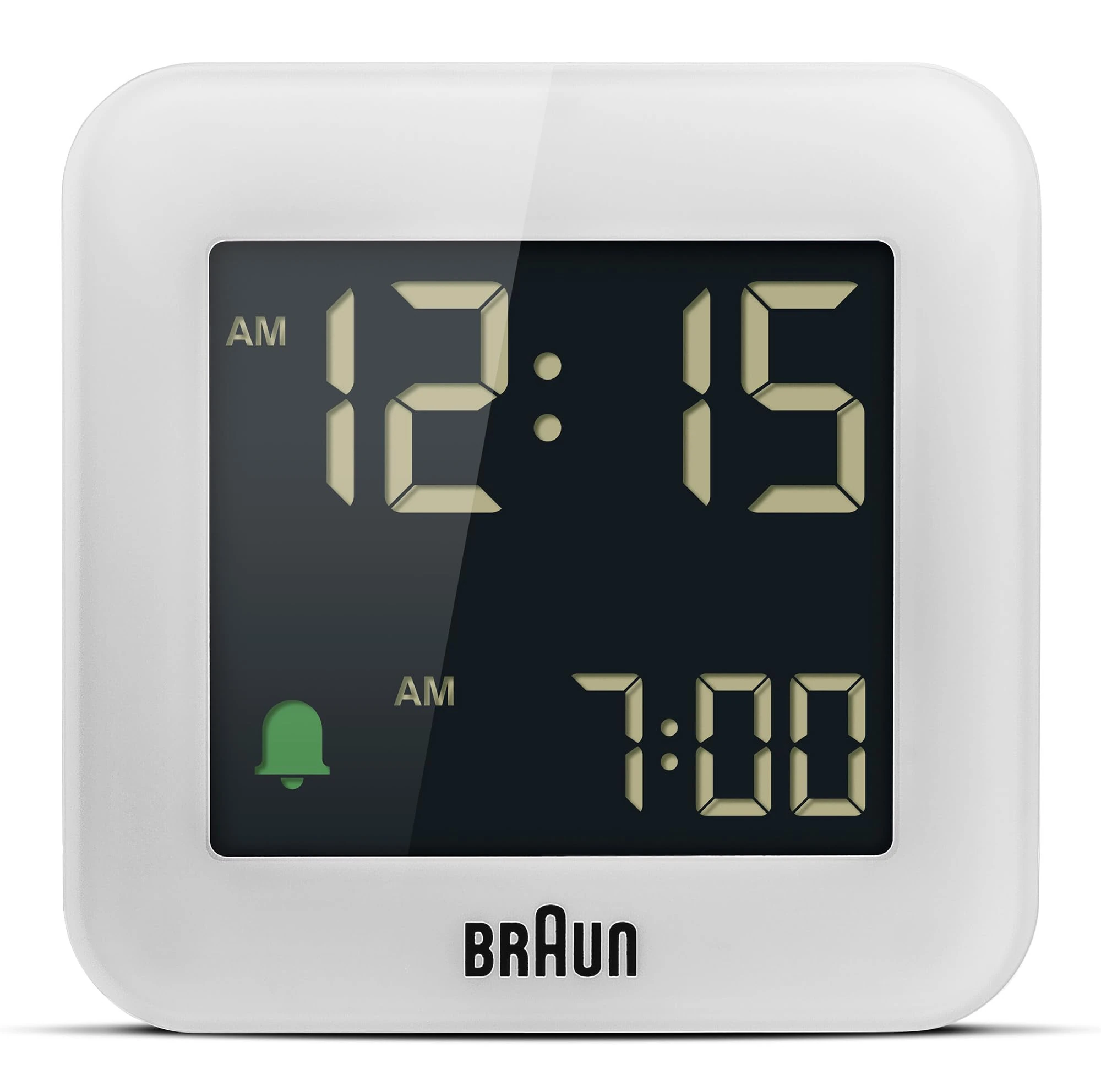 Braun Digital Travel Alarm Clock with Snooze, Compact Size, Negative LCD Display, Quick Set,Crescendo Beep Alarm in White, model BC08W.