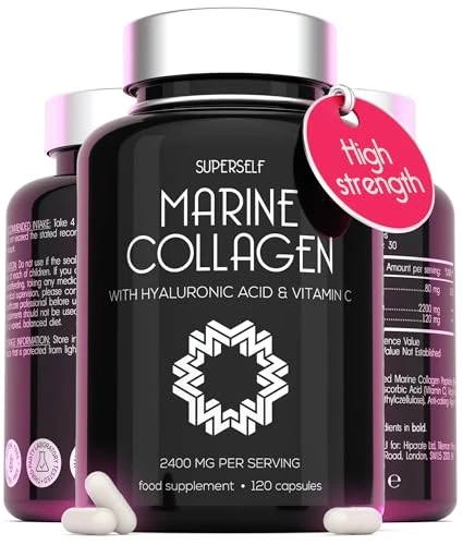 Marine Collagen Capsules 2200mg - with Hyaluronic Acid & Vitamin C - High Strength Complex for Skin Hair Support - Premium Type 1 Peptides - Collagen Supplements for Women & Men - 120 Capsules