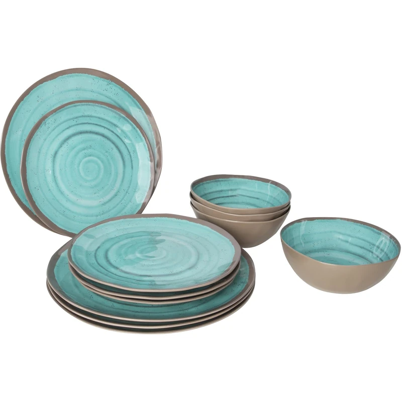 Bo-Camp - Tableware - 100% Melamine - 12 pieces - Halo - Aqua/Terracotta