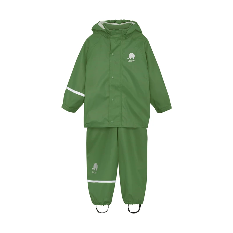 Celavi Basic Rainwear Set-Solid PU Rain Jacket, Elm Green, 3-4 Jahre