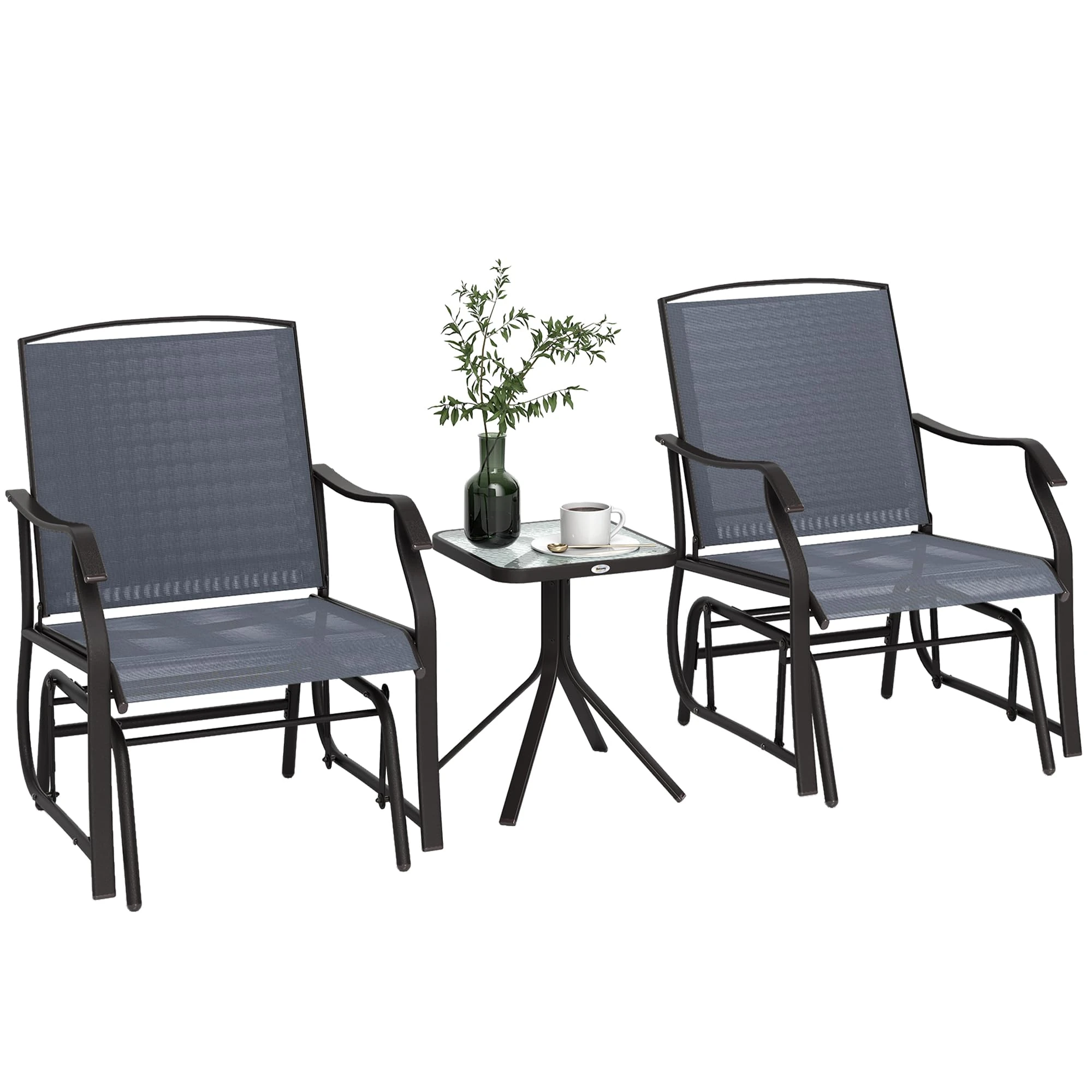 Outsunny Glider Rocking Chair & Table Set 2 Single Seaters Rocker Garden Swing Chair Patio Furniture Bistro Set Grey