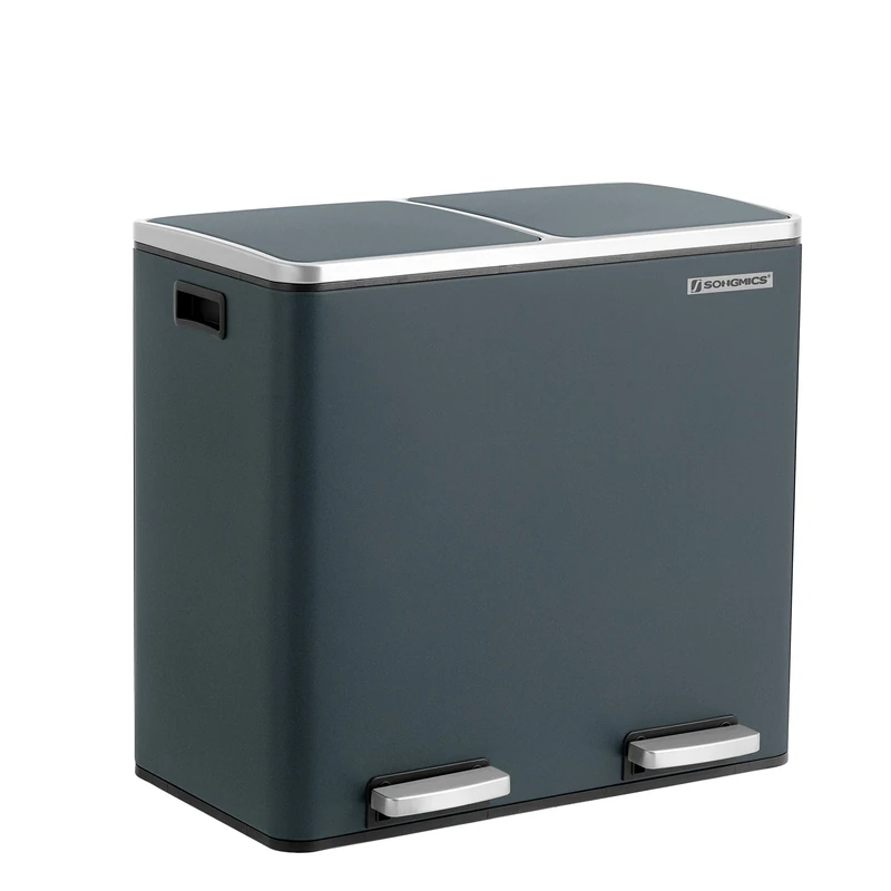 SONGMICS Dual Rubbish Bin, Metal Recycling Bin with 15 Rubbish Bags, 2-Compartment, with Lids, Pedals, Plastic Inner Buckets, Soft Closure, 2 x 6.3 Gallons (2 x 24 L), Greenish Grey LTB48GS