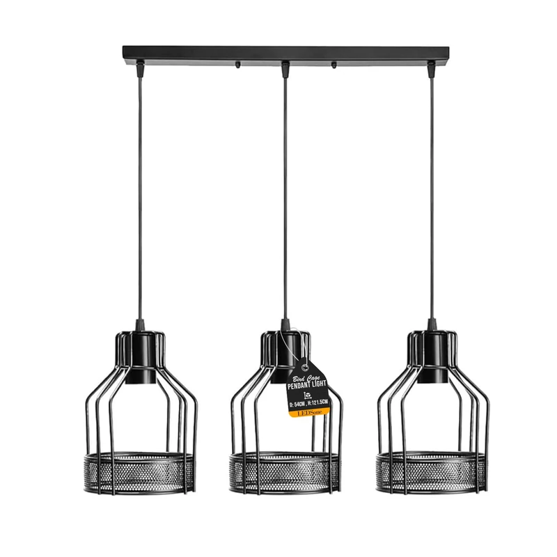 LEDSone 3-Light Industrial Metal Cage Pendant Light - 50cm Bar