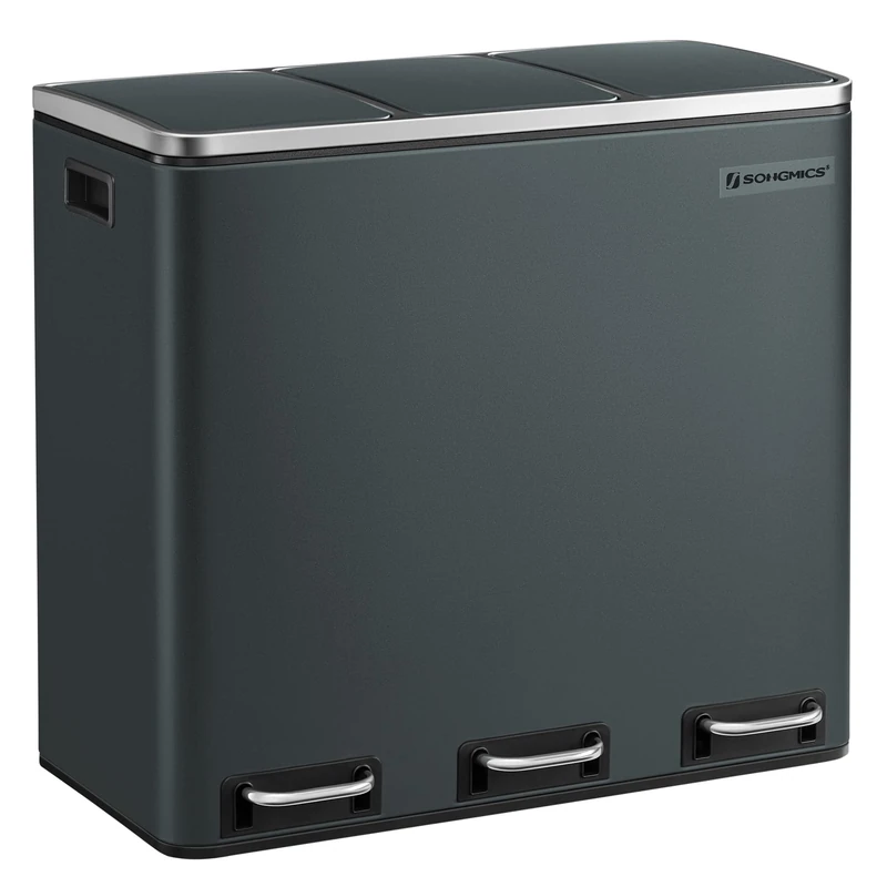 SONGMICS Kitchen Bin, 3 x 18 L Recycling Bin, 3 Compartment Rubbish Bin for Recycling and Waste, 15 Liners Included, Soft-Close Lids, Pedals, Inner Buckets, Steel, Greenish Grey LTB54GS