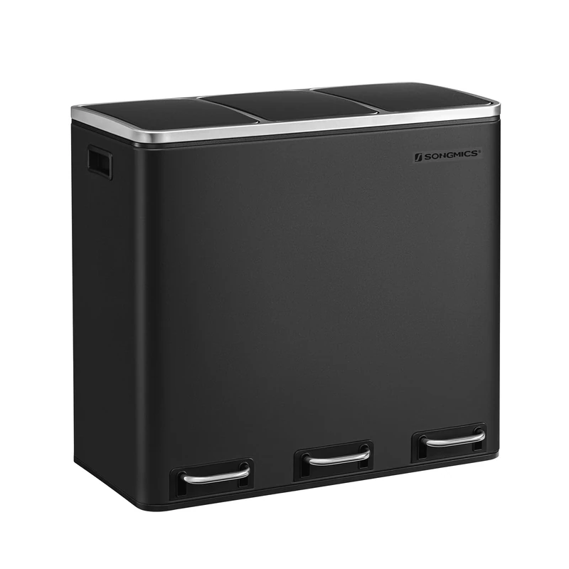 SONGMICS Kitchen Bin, 3 x 18 L Recycling Bin, 3 Compartment Rubbish Bin for Recycling and Waste, 15 Liners Included, Soft-Close Lids, Pedals, Inner Buckets, Steel, Ink Black LTB54BK