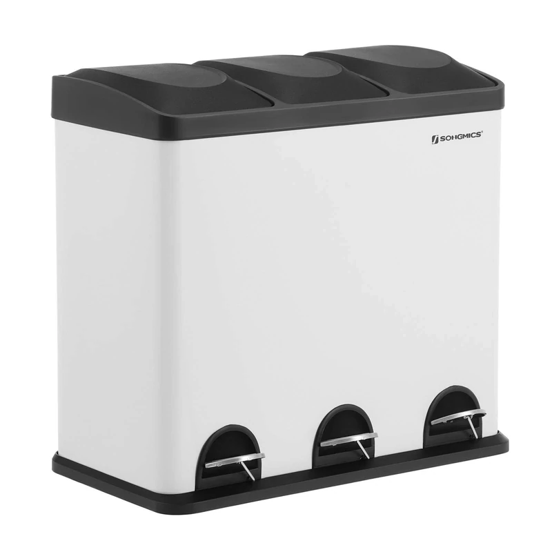 SONGMICS 54L Recycling Bin, Rubbish Bin, Steel Pedal Bin with 3 Sections, Inner Buckets, 6 Sorting Labels, for Easy Waste Separation, White and Black LTB54W