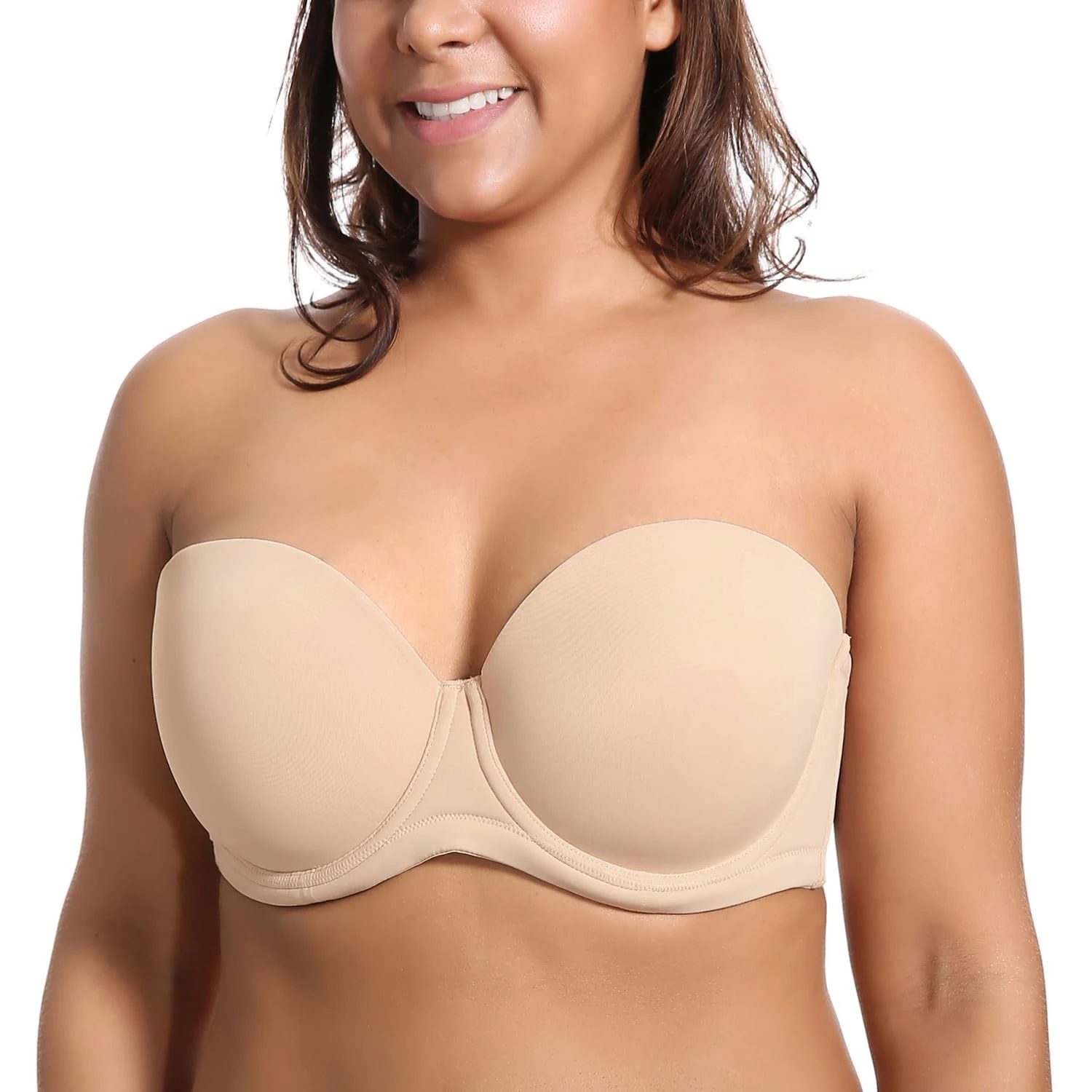 Delimira Women's Strapless Bra Push Up for Bigger Bust Multiway Underwire Smooth Bandeau Bra Beige 46DD