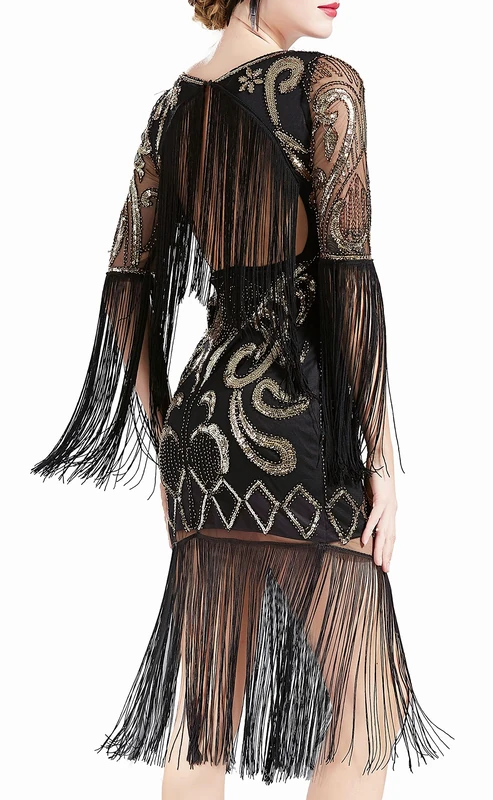 BABEYOND 1920s Flapper Dress Long Fringe Gatsby Dress Roaring 20s Sequin Beaded Dress Vintage Art Deco Dress - Black - Small