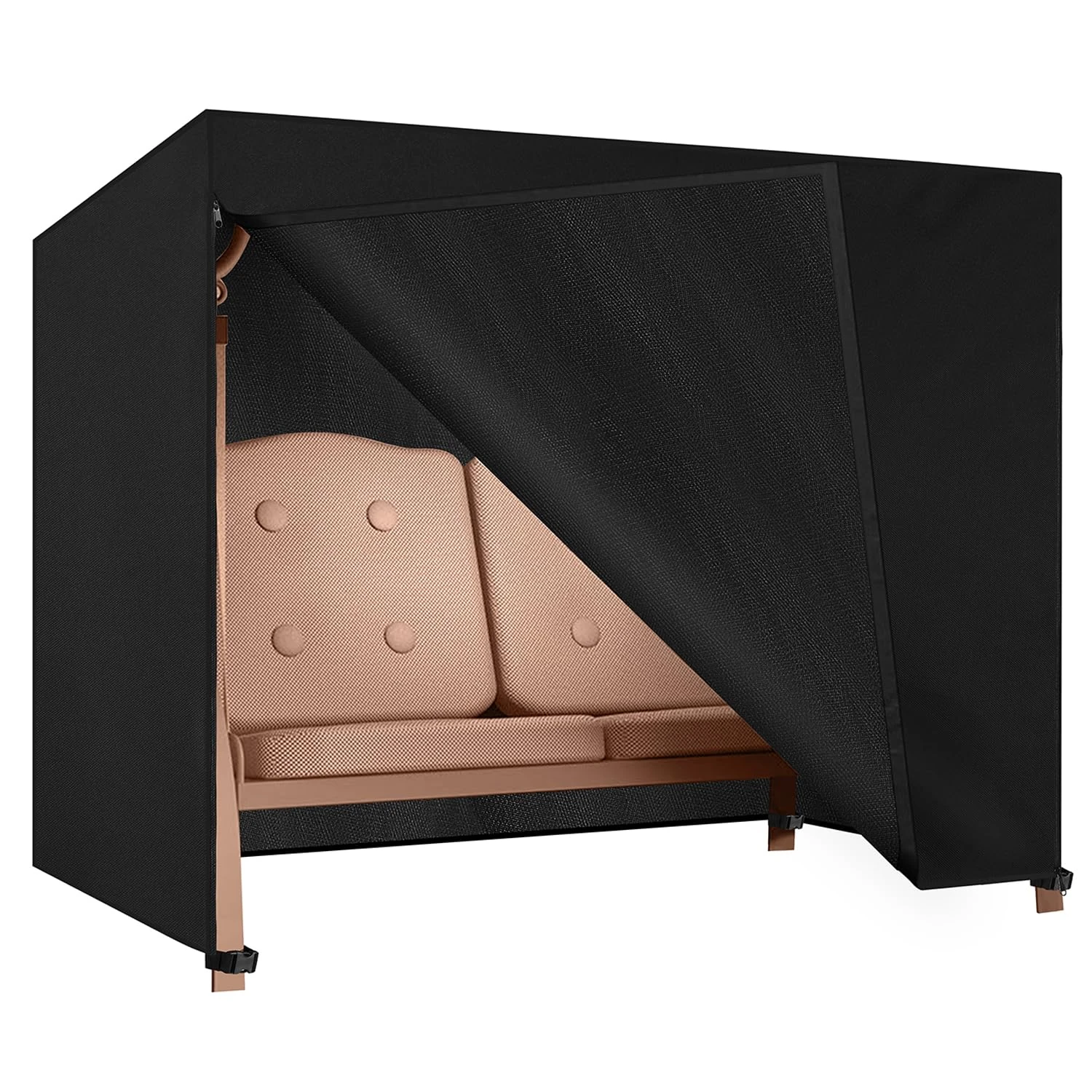 Dokon 3 Seater Garden Swing Covers Waterproof Heavy Duty Oxford Fabric Outdoor Swinging Chair Cover Windproof Anti-UV Patio Garden Hammock Cover with Zips (215x125x170cm) - Black