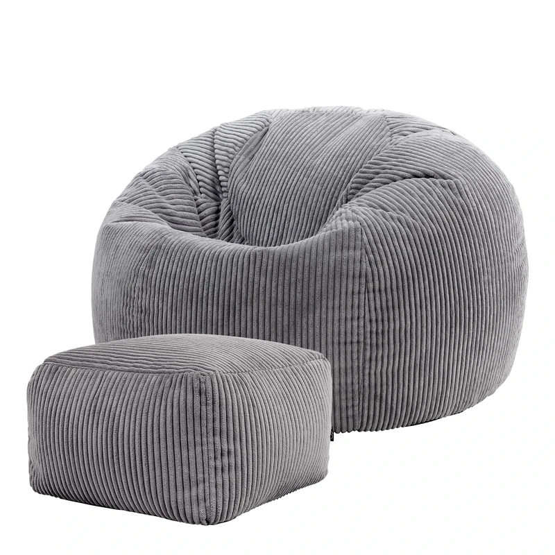 icon Kingston Cord Bean Bag with Footstool, Charcoal Grey, Large Adult Bean Bag Chair with Filling Included, Comfy Chair, Pouffe Footstool, Living Room Furniture, Bedroom Furniture