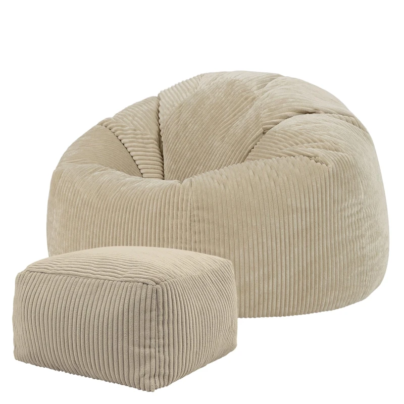 icon Kingston Cord Bean Bag with Footstool, Beige, Large Adult Bean Bag Chair with Filling Included, Comfy Chair, Pouffe Footstool, Living Room Furniture, Bedroom Furniture