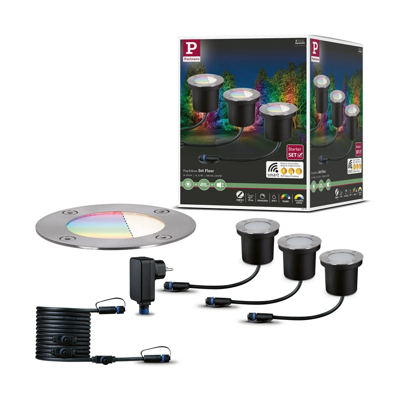 Paulmann 94275 Plug & Shine LED Outdoor luminaire Zigbee recessed Floor luminaire Starter Set RGBW incl. 3x3.6 watt dimmable IP65 Water-Jet Protected Silver Garden Lighting Metal Warm White 3000 K