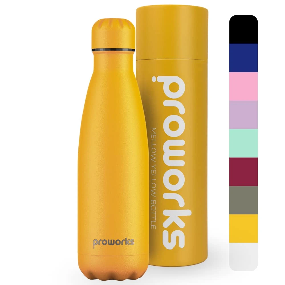 PROWORKS Insulated Water Bottle, BPA Free, Reusable Stainless Steel Water Bottle for 12 Hours Hot & Cold Hold Up to 24 Hours, for Sport, Gym, Travel - 500ml - Soft Yellow