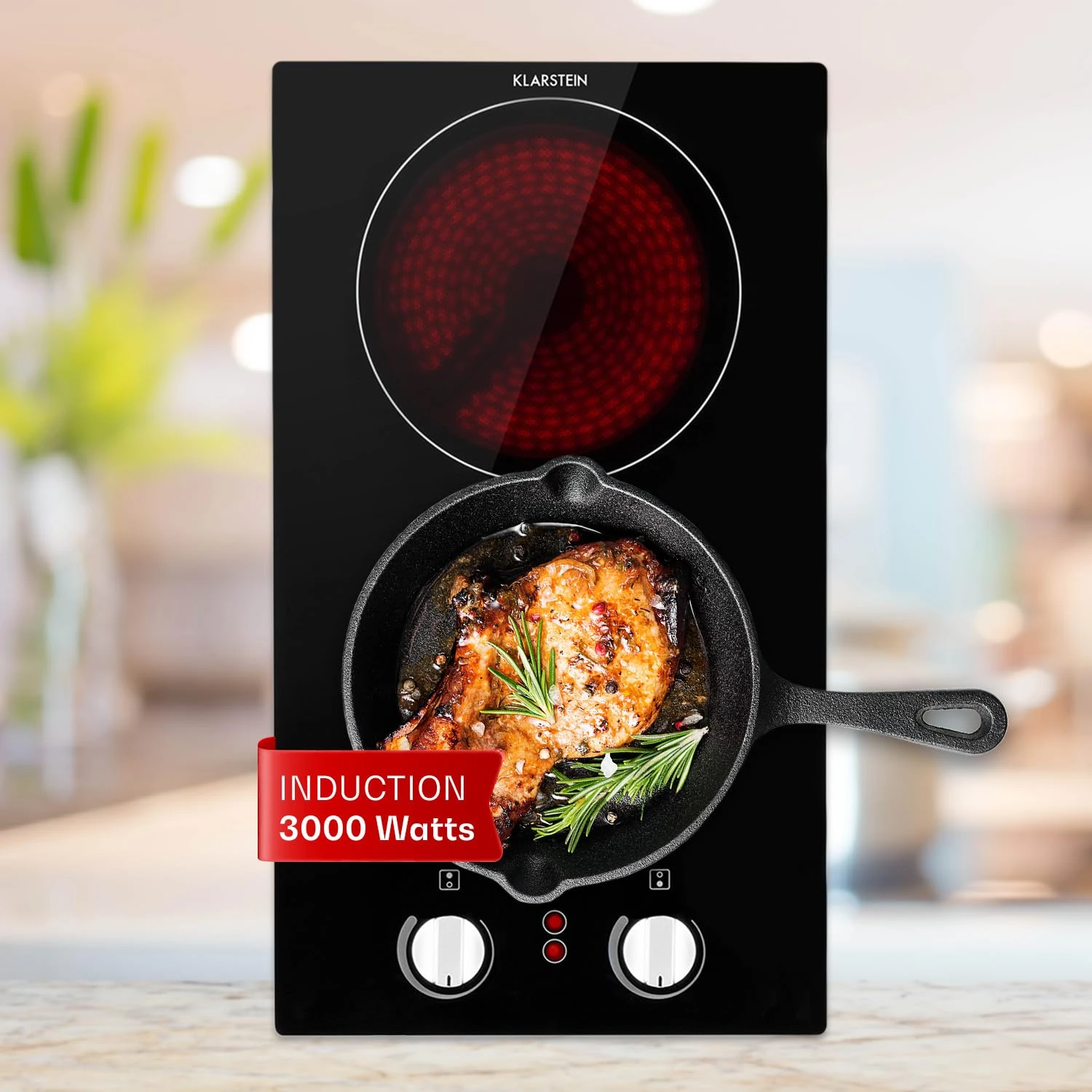 Klarstein Ceramic Hob, 3000W Electric Hob Ceramic Cooker, 2 Ring Electric Pan Hob, Built-In Table Top Cookers w/ 2, Stainless Steel Cooktops